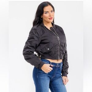 Black LONG RUCHED SLEEVE ZIPPER CLOSURE POCKETS BOMBER JACKET